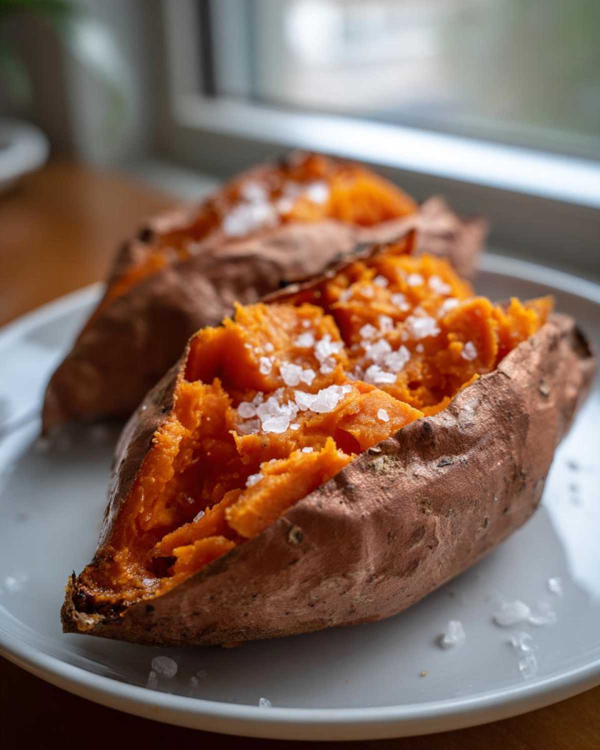 Close-up of a fluffy baked sweet potato, split open and topped with coarse sea salt.