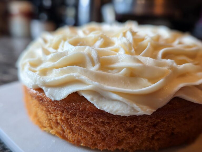 Close-up of a golden cake topped with thick, beautifully piped swirls of rich cream cheese frosting.