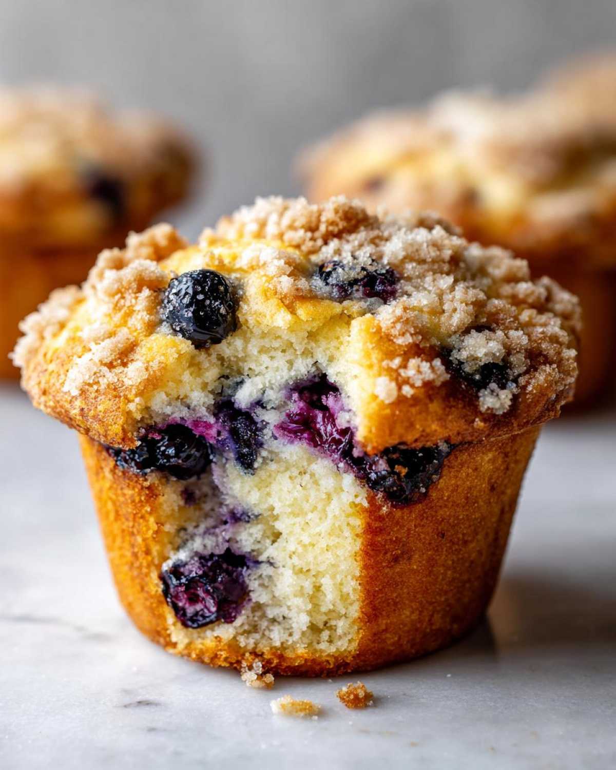 A close-up view of a delicious blueberry muffin, bitten into, showing moist interior and sugary crumb topping.