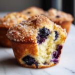 Close-up of a moist blueberry muffins with a bite taken out, showing juicy berries and a crunchy sugar topping.