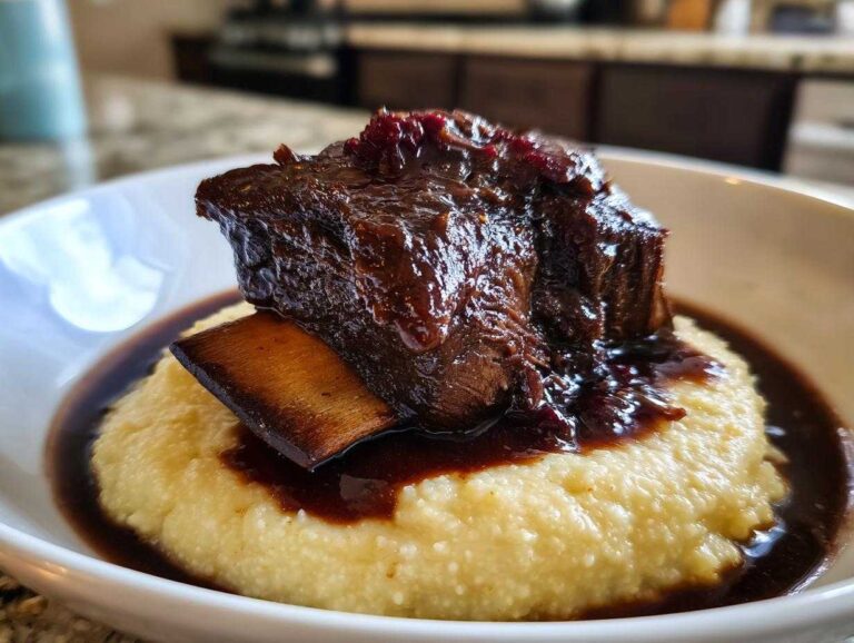 A single, tender braised short ribs portion served over creamy polenta with rich dark sauce.