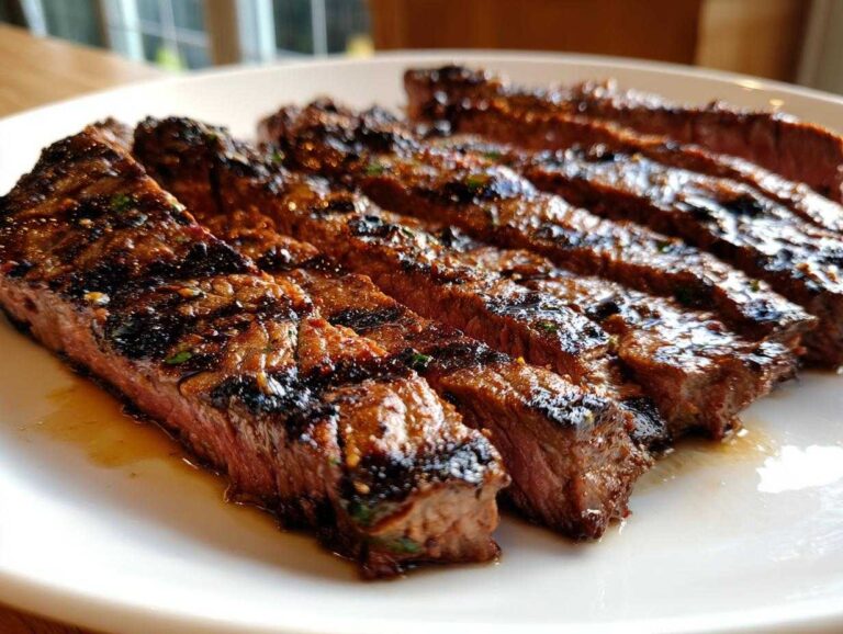 Close-up of perfectly grilled and sliced steak, glistening with juices from the carne asada marinade.