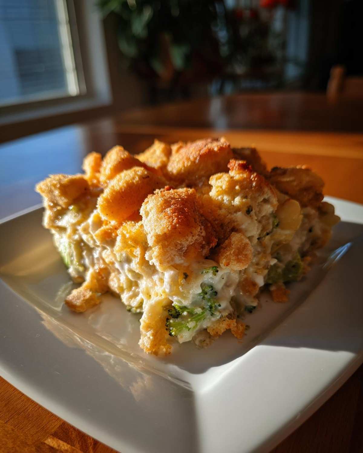 A generous serving of cheesy broccoli casserole topped with golden, crunchy breadcrumbs on a white square plate.