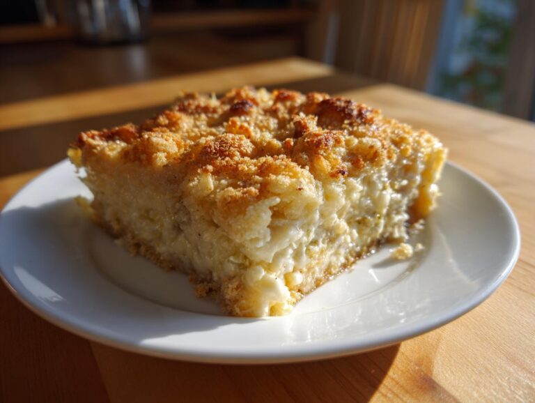 Amazing 1 Broccoli casserole: Cheesy Hug A close-up of a square slice of cheesy broccoli casserole with a golden brown crumb topping on a white plate.