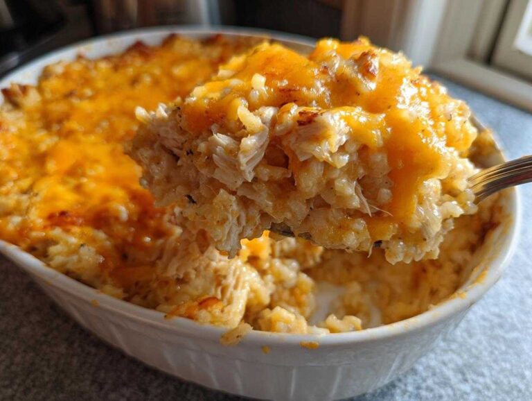A spoonful of creamy, cheesy chicken and rice casserole being lifted from a white baking dish.