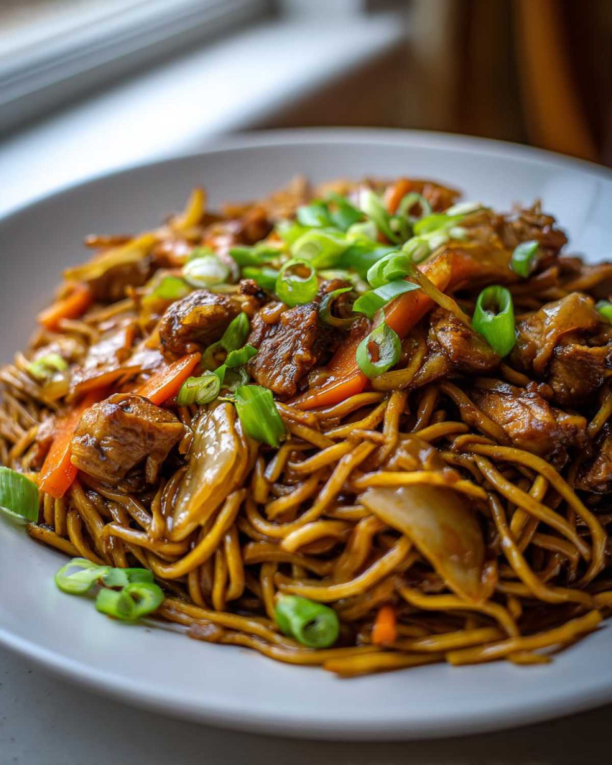 A close-up of a white plate filled with glistening chicken chow mein recipe, topped with fresh green onions.