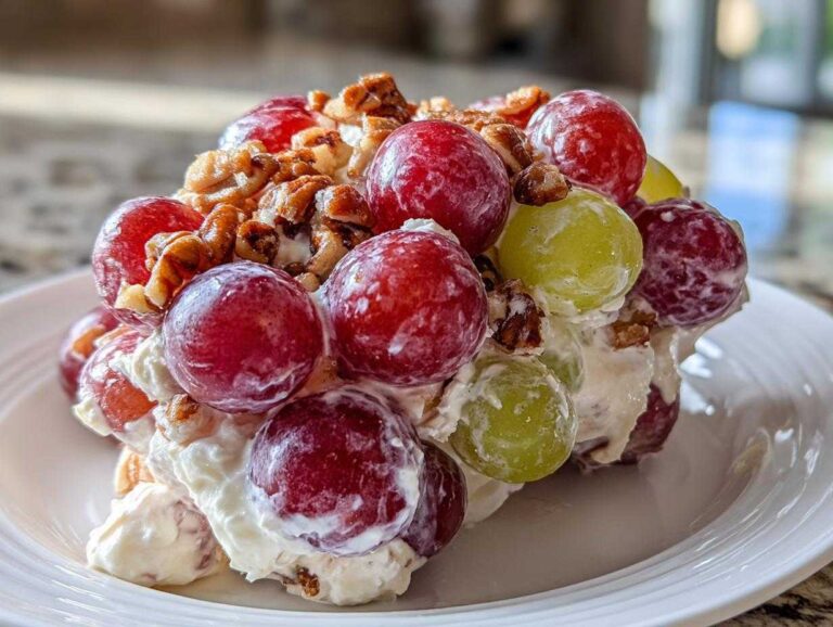 A close-up serving of creamy grape salad, featuring red and green grapes mixed with pecans, similar to chicken salad chick grape salad.