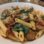 A close-up of creamy chicken sausage pasta featuring penne, sliced sausage, spinach, and sun-dried tomatoes.
