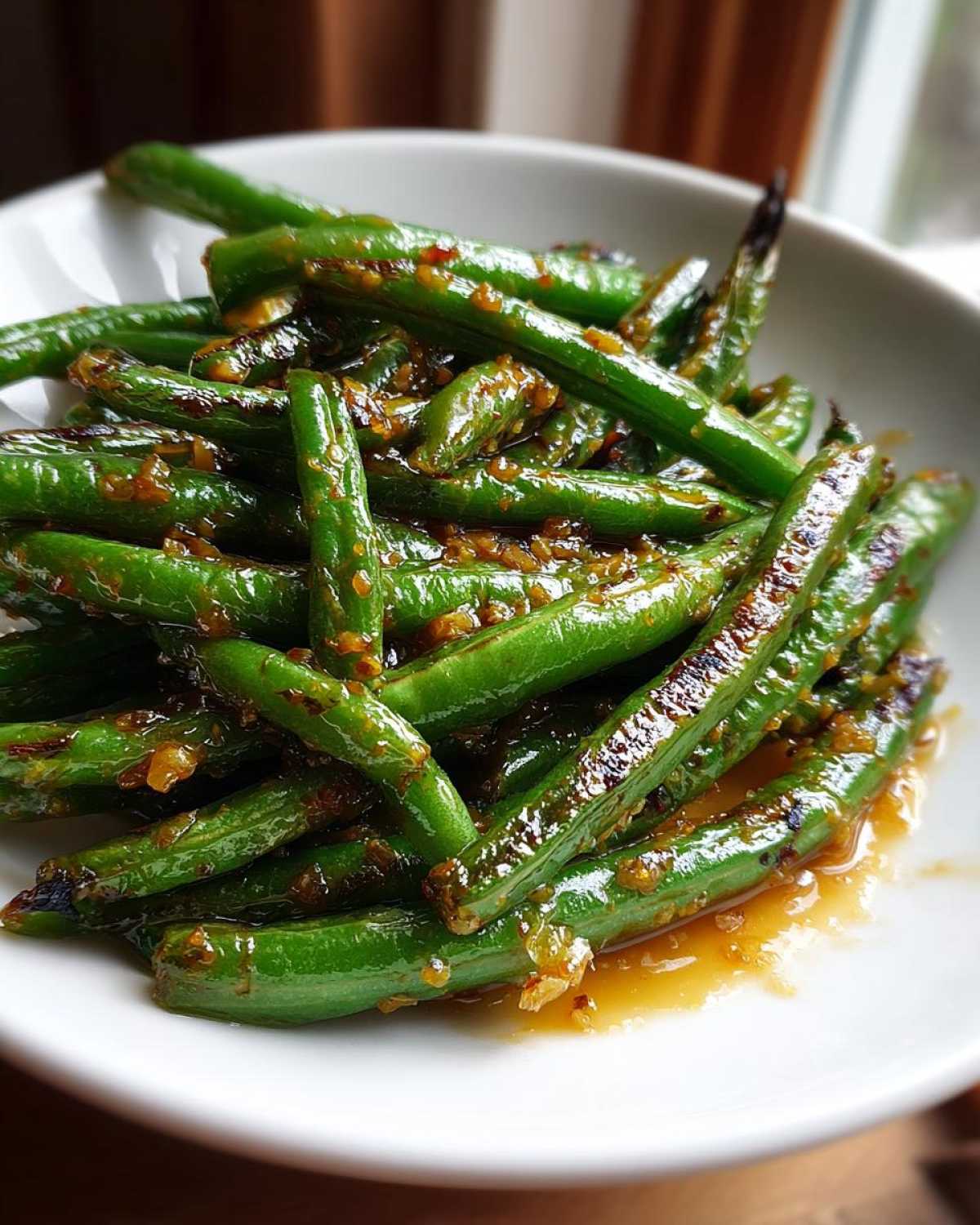 Close-up of vibrant green beans coated in a savory garlic sauce, ready to eat.