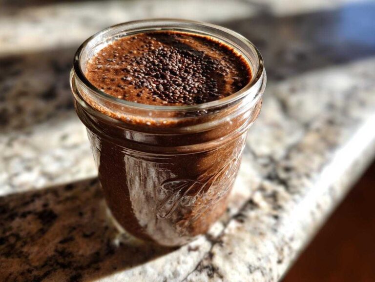 Amazing 350-Calorie chocolate overnight oats Close-up of rich chocolate overnight oats topped with chia seeds in a glass mason jar.