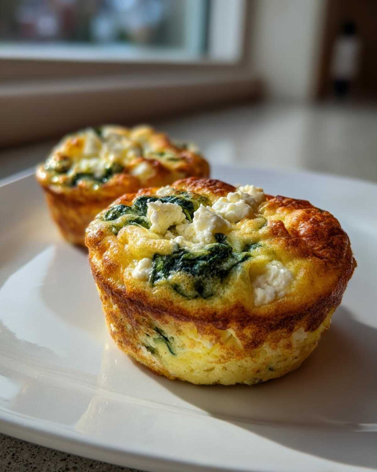 Two golden-brown Cottage Cheese Egg Cups With Spinach & Feta topped with crumbled white cheese on a white plate.