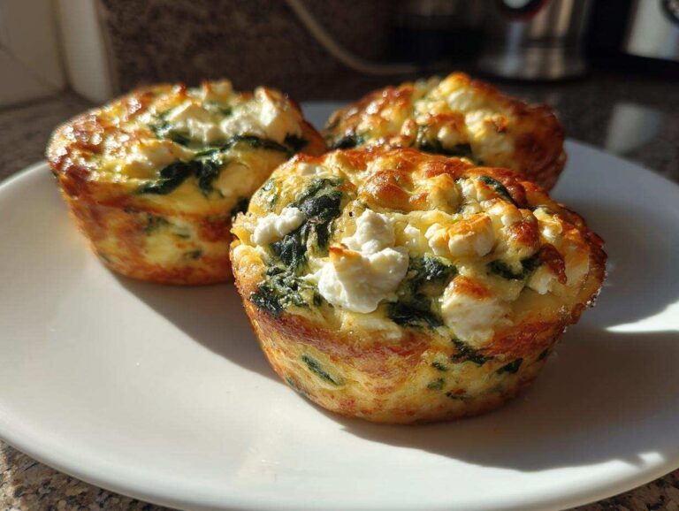 Amazing 6 Cottage Cheese Egg Cups With Spinach Three golden-brown Cottage Cheese Egg Cups With Spinach & Feta served on a white plate in bright sunlight.