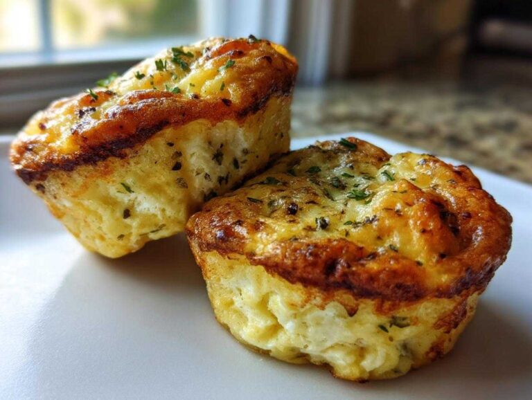 Amazing cottage cheese egg cups starbucks hack, 12 bites Two golden-brown cottage cheese egg cups starbucks hack bites garnished with herbs on a white plate.