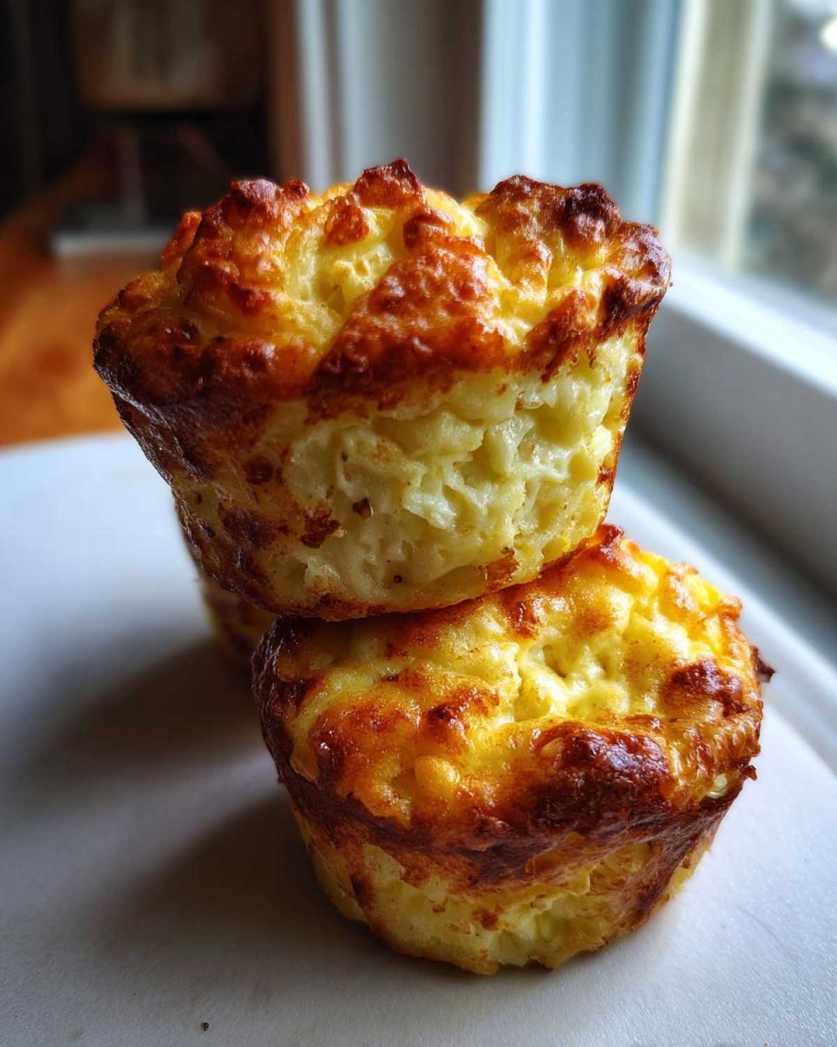 Two golden brown cottage cheese egg cups stacked on top of each other, showcasing a fluffy texture.