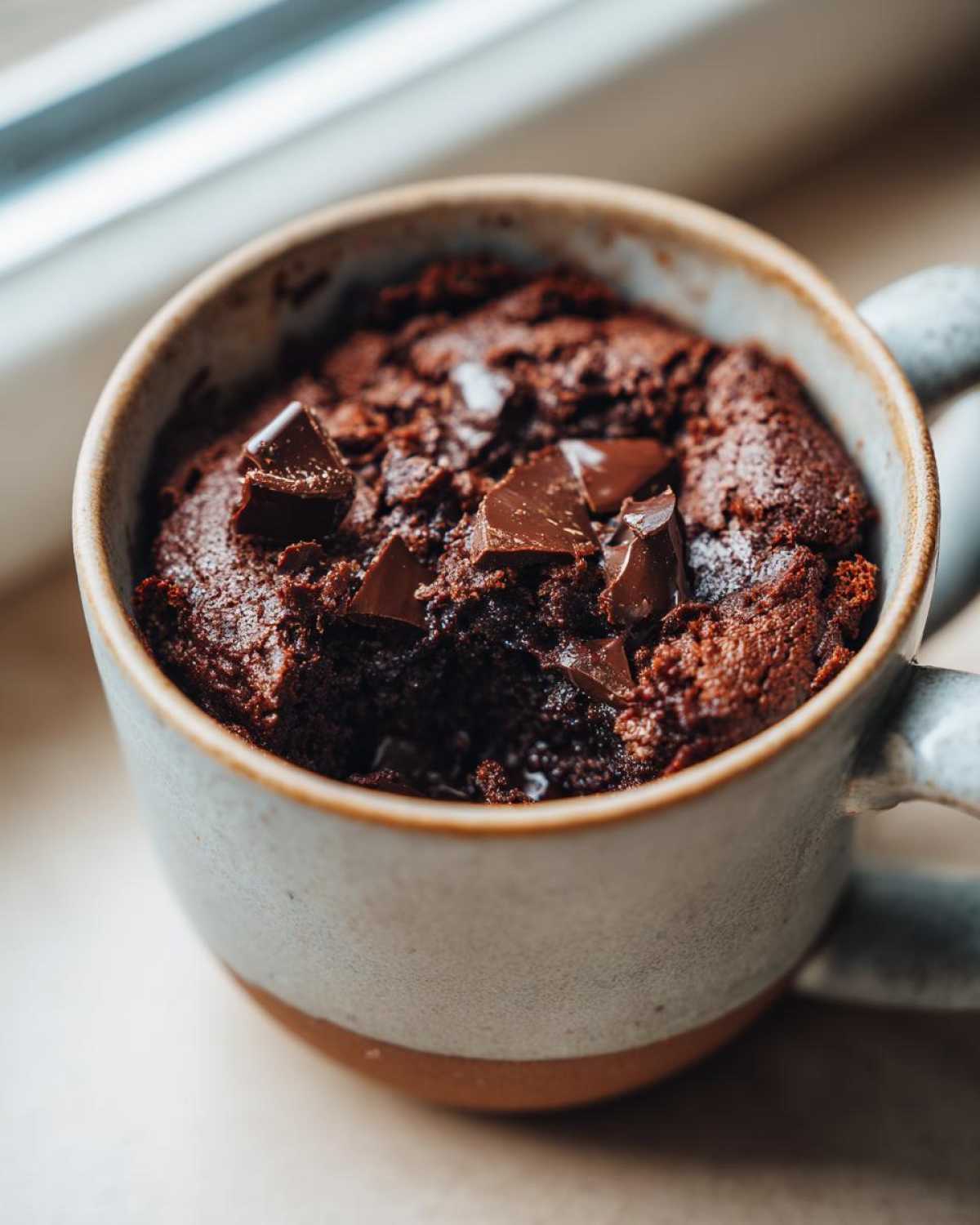 Close-up of a rich, dark chocolate Cottage Cheese Microwave Brownie baked inside a ceramic mug, topped with melted chocolate chunks.