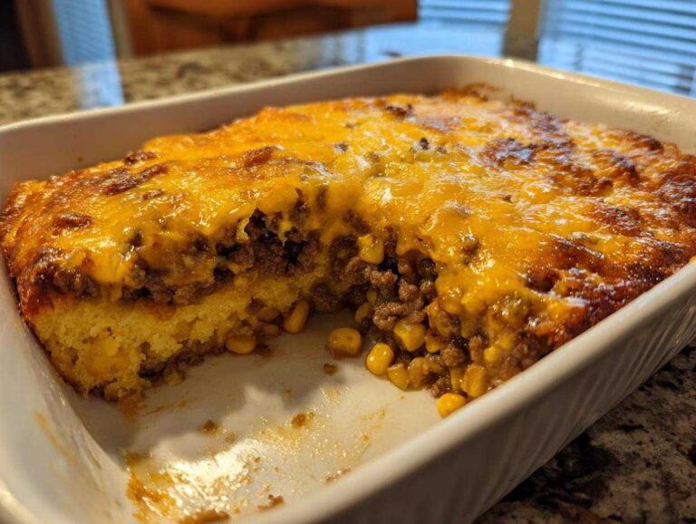 A baked cowboy cornbread casserole with a thick layer of melted cheddar cheese and ground beef filling visible.