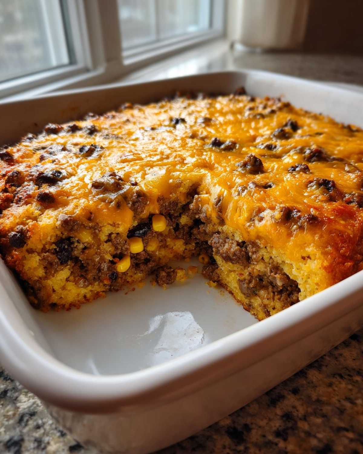 A square white baking dish containing a portion of cowboy cornbread casserole topped with melted cheddar cheese.