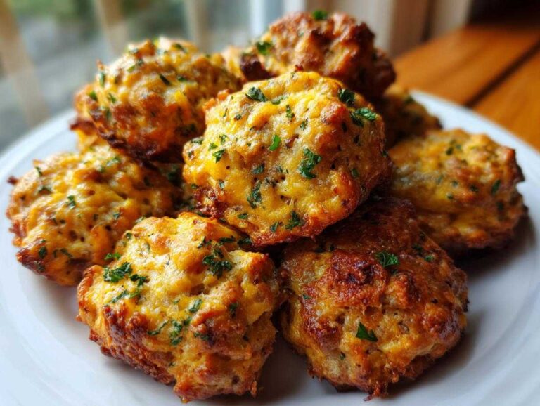 Amazing cream cheese sausage balls Start Now A pile of freshly baked, golden brown cream cheese sausage balls garnished with chopped green parsley.