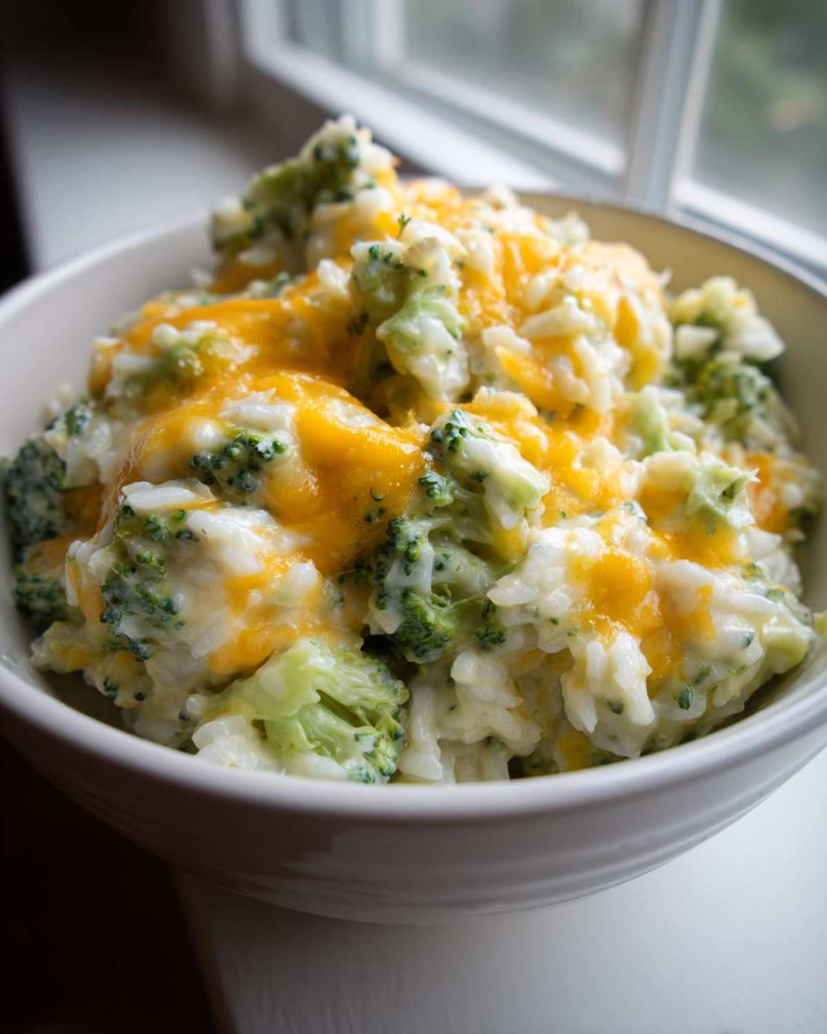 A close-up of a white bowl filled with creamy broccoli rice topped generously with melted cheddar cheese.