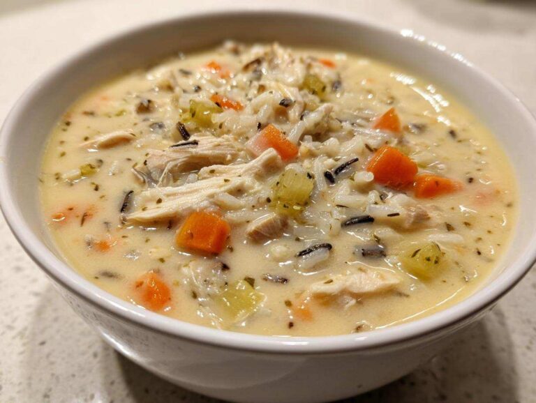 Close-up of a hearty bowl of creamy chicken wild rice soup with visible carrots and celery.