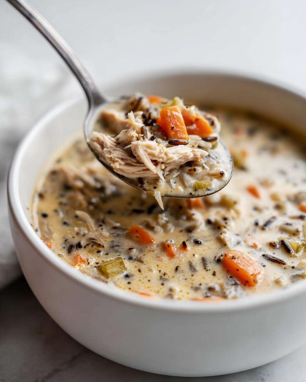 A spoonful of creamy chicken wild rice soup, showing shredded chicken, carrots, and wild rice grains.