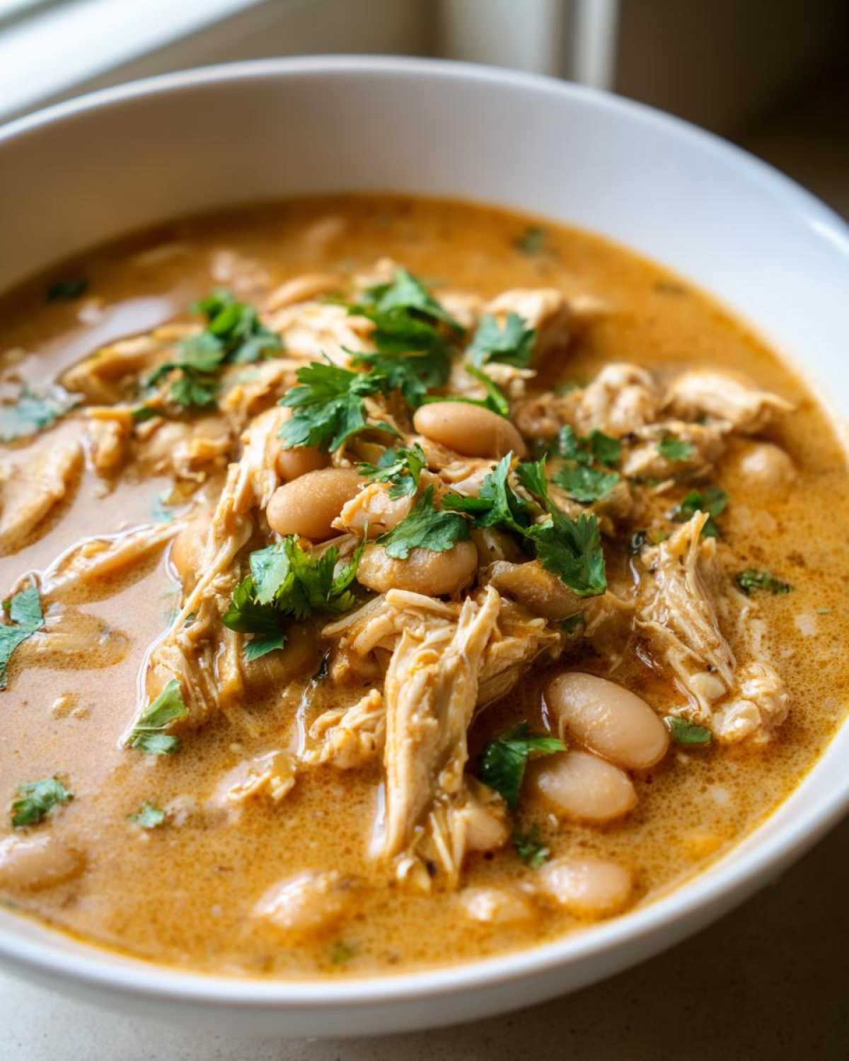 Close-up of a bowl of creamy crockpot white chicken chili topped with shredded chicken, white beans, and fresh cilantro.