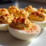 Close-up of several creamy deviled eggs garnished generously with bright red paprika.