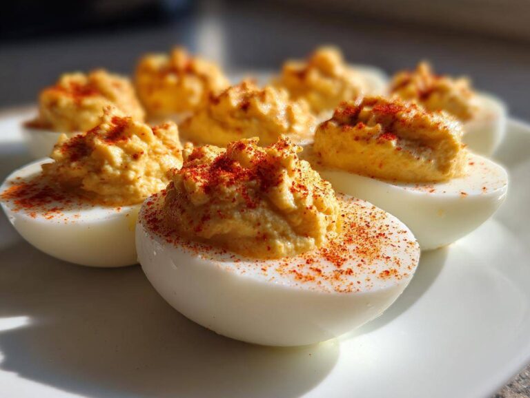 Close-up of several creamy deviled eggs garnished generously with bright red paprika.
