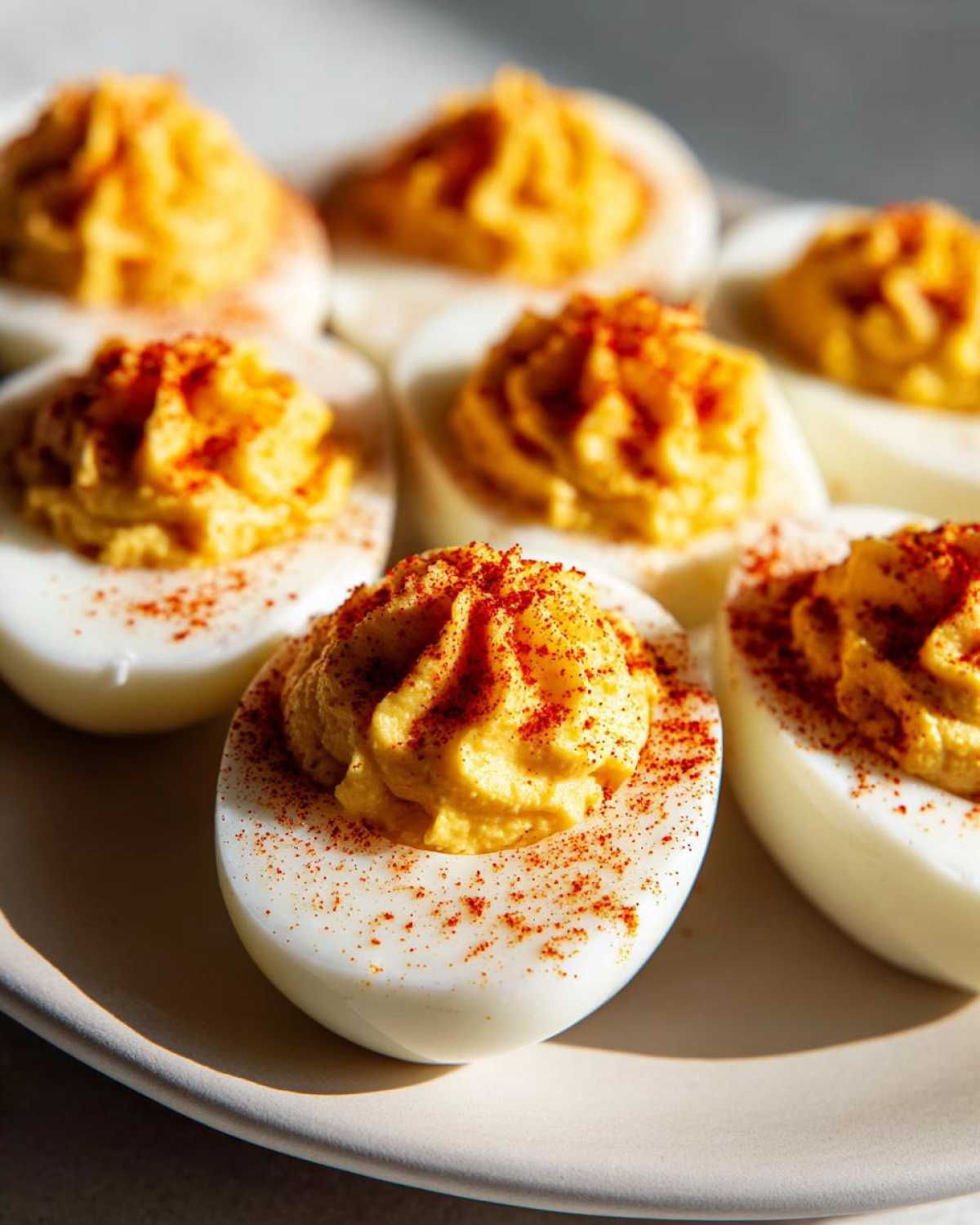 Close-up of creamy, piped deviled eggs sprinkled with paprika on a light plate.