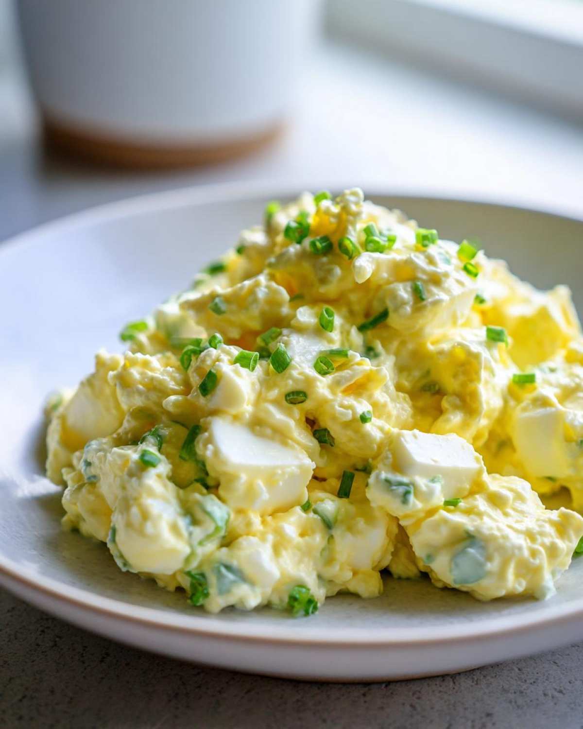 A close-up of a creamy, yellow egg salad recipe garnished with fresh green chives on a light plate.