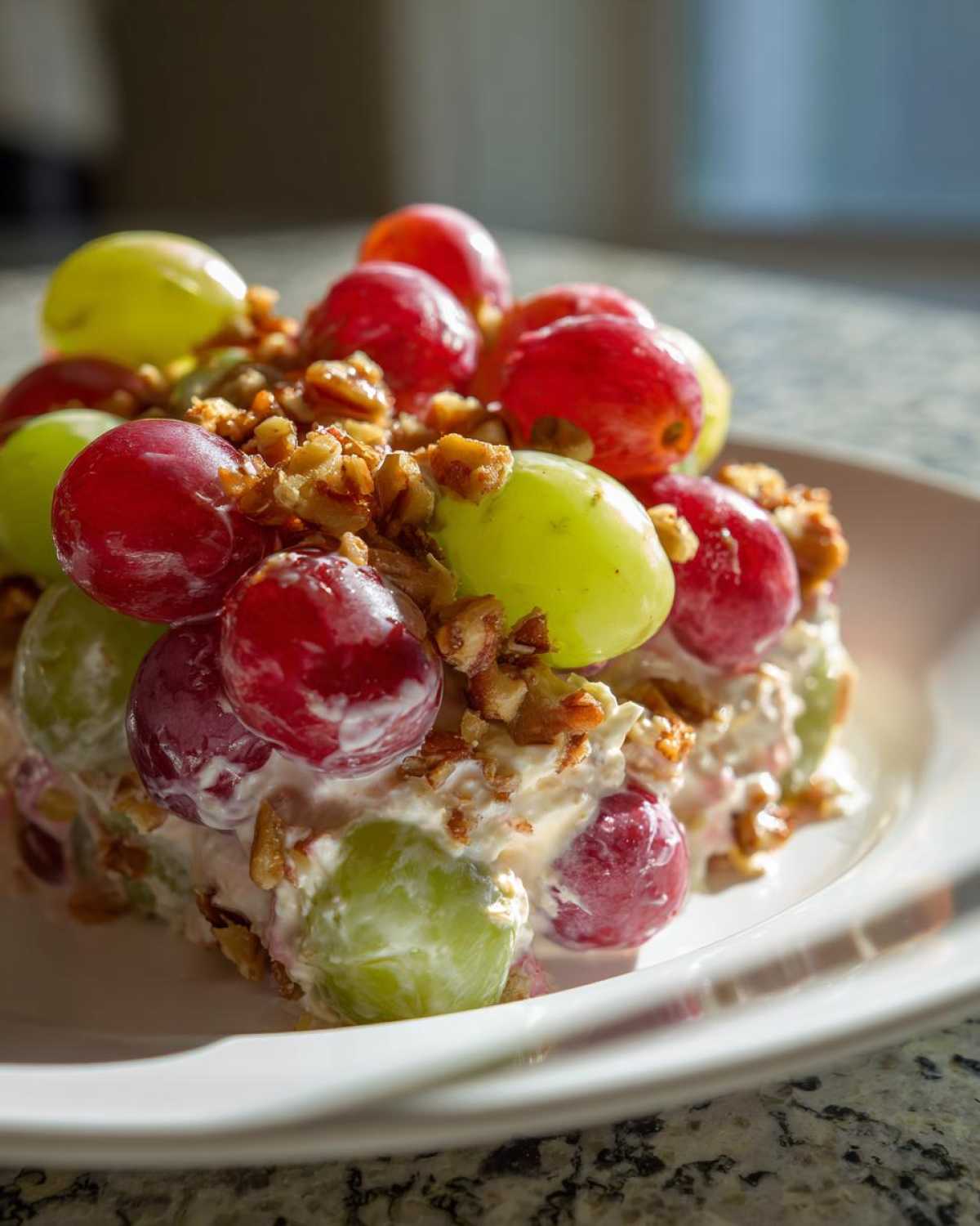 A scoop of creamy chicken salad chick grape salad topped with red and green grapes and chopped pecans.