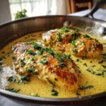 Three golden-brown chicken breasts simmering in a rich, yellow creamy lemon chicken sauce, topped with fresh parsley.