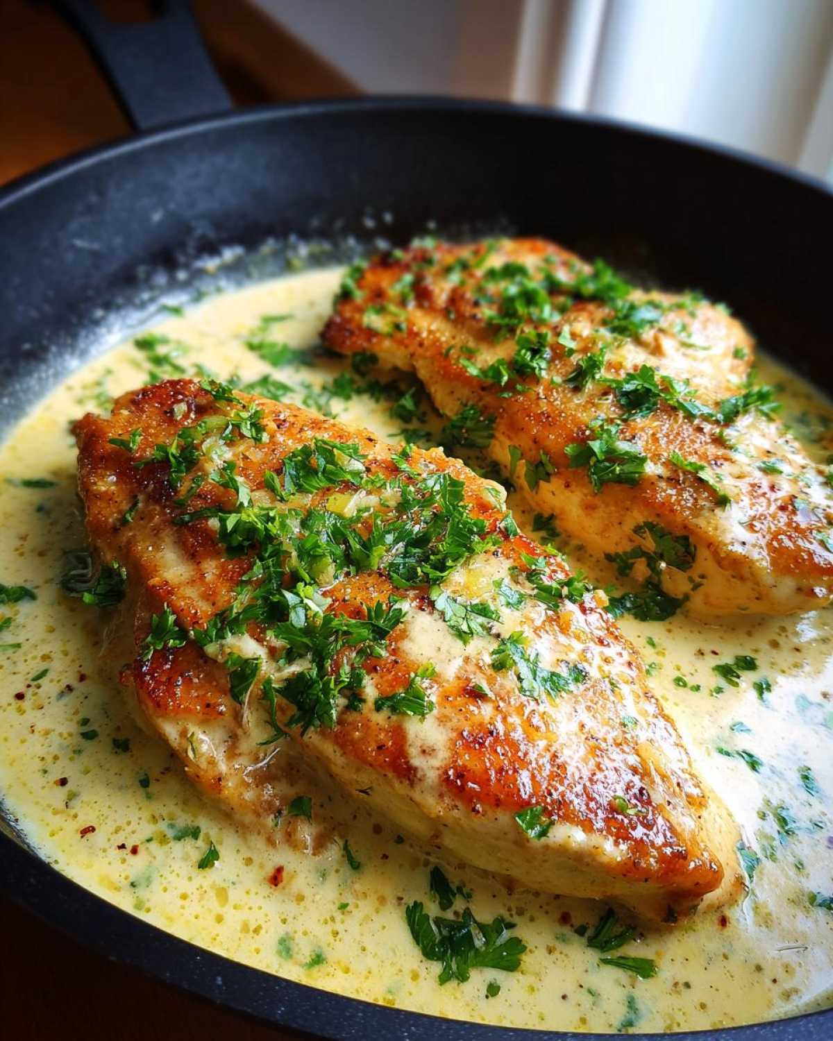 Two golden-brown chicken breasts simmering in a rich, creamy lemon sauce and topped with fresh parsley.