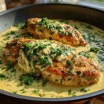 Two golden-brown chicken breasts simmering in a rich, creamy lemon sauce and topped with fresh parsley.