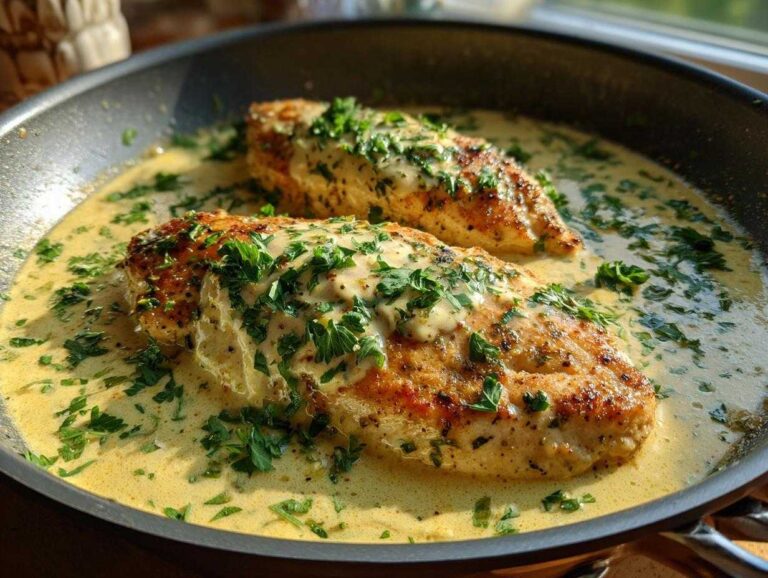 Amazing 30-Minute Creamy Lemon Chicken Two golden-brown chicken breasts simmering in a rich, creamy lemon sauce and topped with fresh parsley.