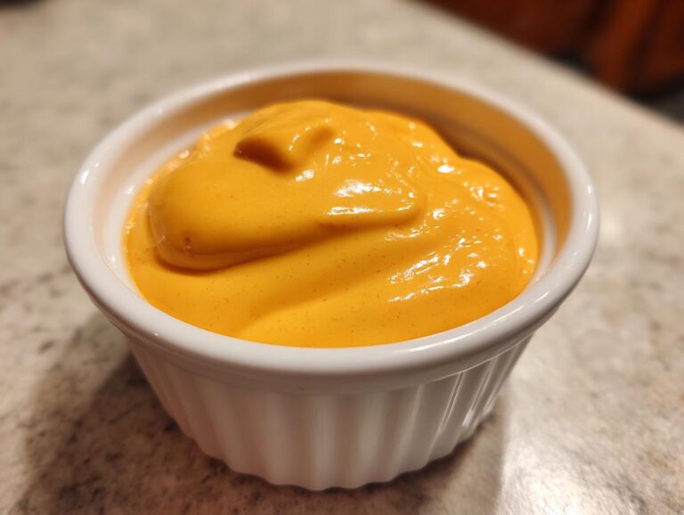 Close-up of thick, vibrant orange nacho cheese sauce served in a small white fluted ramekin.