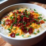 A close-up of a bowl of creamy potato soup recipe topped generously with shredded cheddar cheese, crispy bacon bits, and fresh chives.