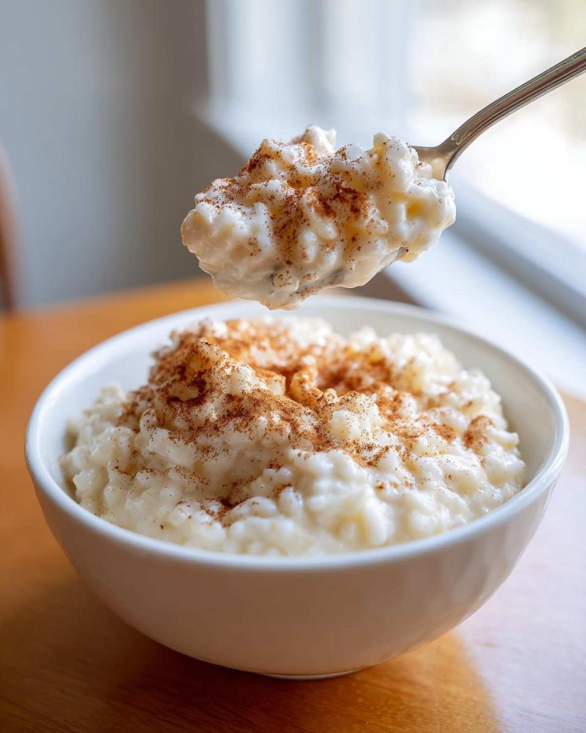 A spoonful of creamy rice pudding topped with cinnamon is lifted above a white bowl full of rice pudding.