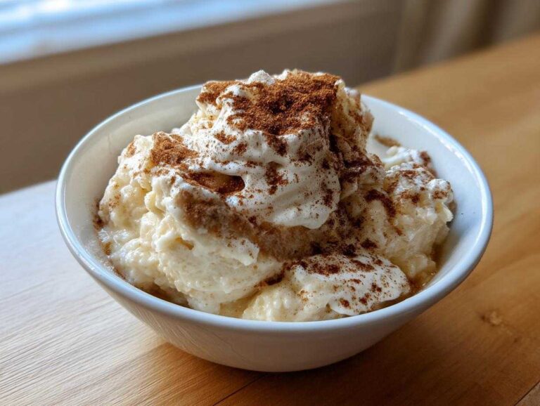 A close-up of a bowl of creamy rice pudding topped with whipped cream and a dusting of cinnamon.