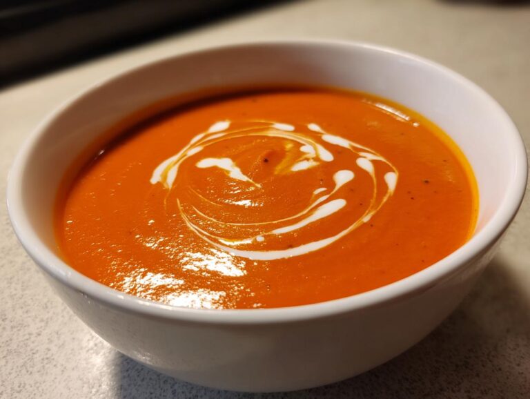 A close-up of a bowl of vibrant orange tomato bisque, garnished with a swirl of cream.