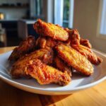 A pile of golden brown, crispy air fryer chicken wings stacked on a white plate.