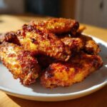 A close-up of a pile of golden brown, crispy baked chicken wings seasoned with spices, served on a white plate.