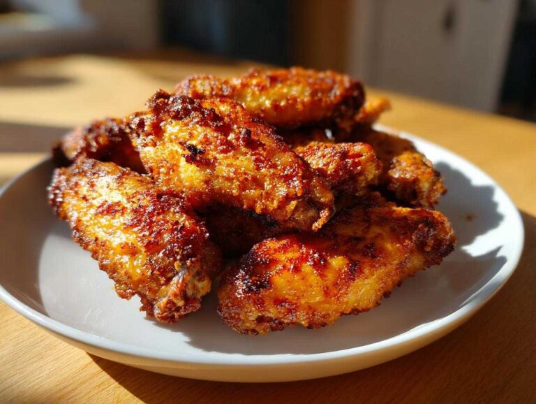 A close-up of a pile of golden brown, crispy baked chicken wings seasoned with spices, served on a white plate.