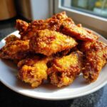 A pile of golden brown, crispy baked chicken wings glistening under natural light on a white plate.