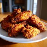 A mound of golden brown, crispy baked chicken wings piled high on a white plate.