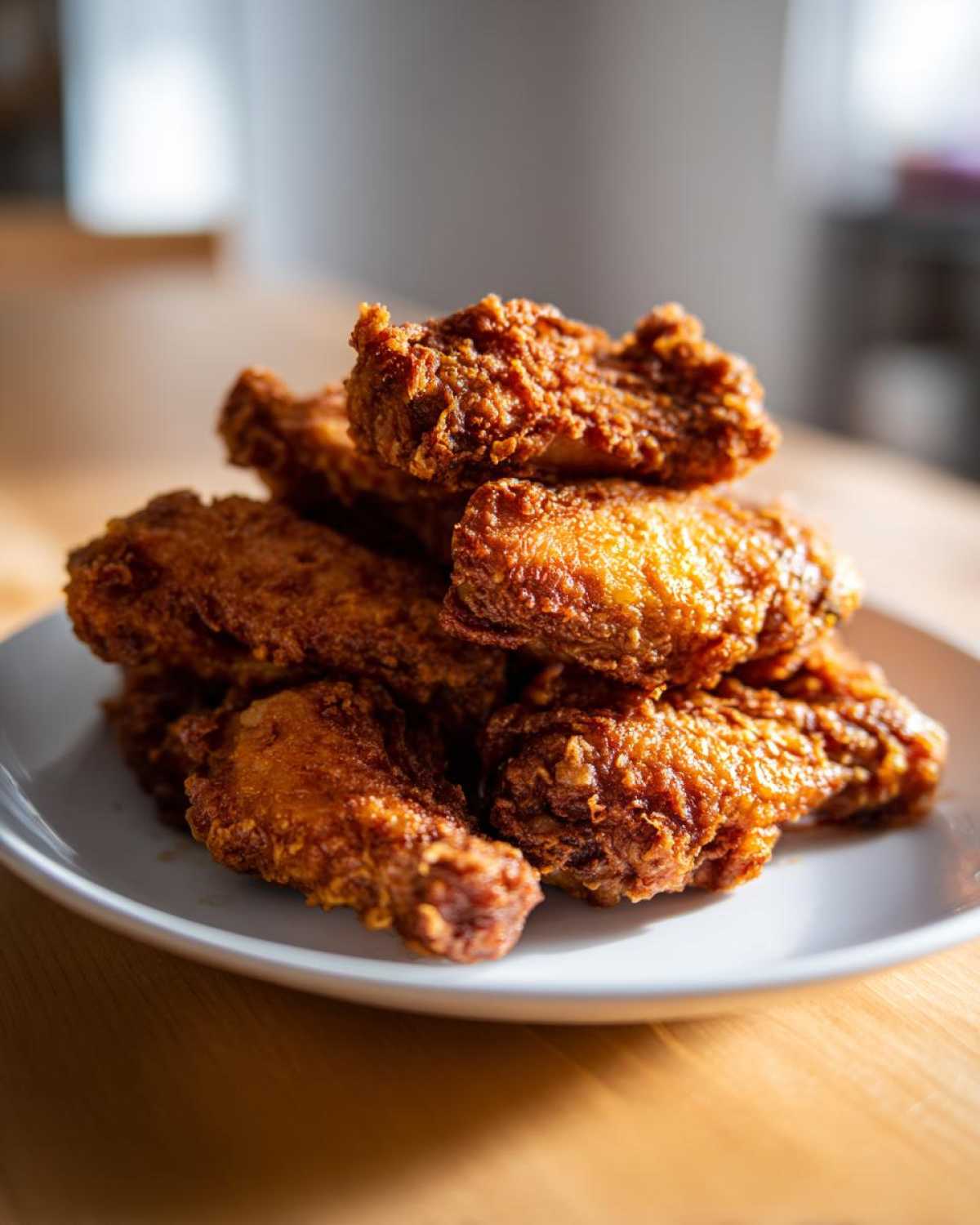 A stack of golden brown, crispy baked chicken wings piled high on a white plate, showcasing their texture.