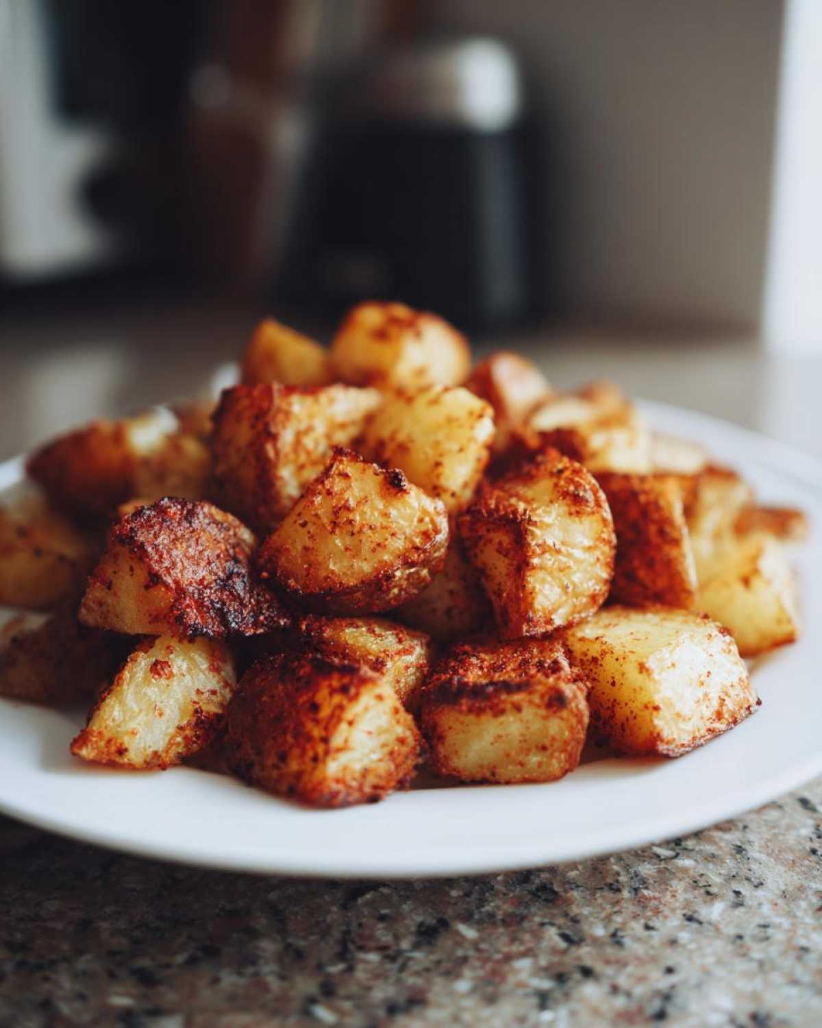 A close-up of perfectly crispy, seasoned breakfast potatoes piled high on a white plate.