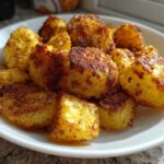 Close-up of perfectly crispy, golden-brown seasoned breakfast potatoes piled high on a white plate.
