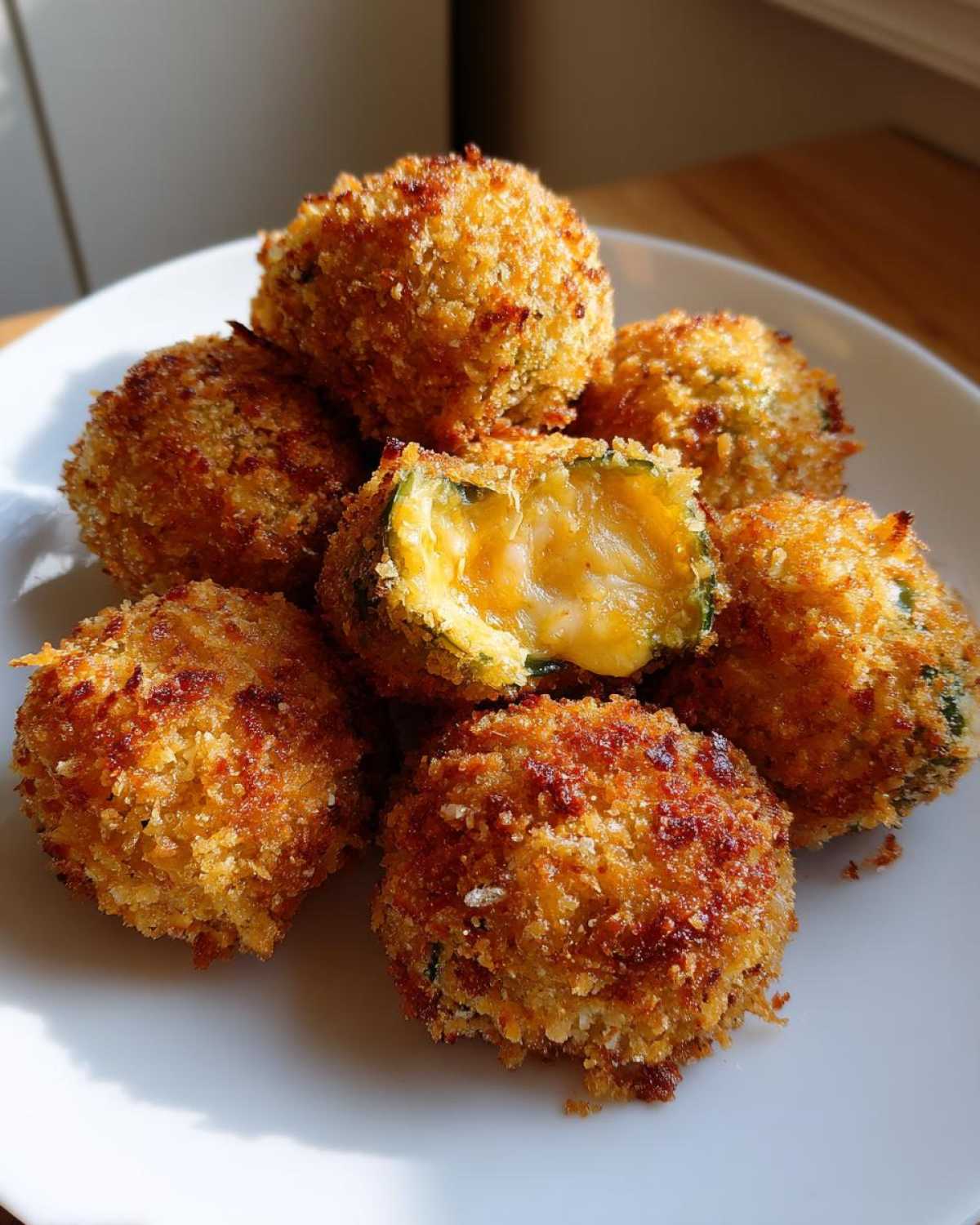A pile of crispy, golden-brown jalapeño poppers on a white plate, one is cut open showing melted cheese inside.