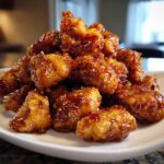 A close-up of crispy, glazed pieces piled high, showcasing the delicious orange chicken recipe.